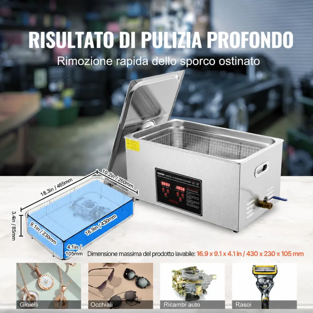 VEVOR Pulitore a Ultrasuoni Display Digitale in Acciaio Inox Capienza 22 Litri con Riscaldamento Tempo Temperatura Regolabile, Macchina Pulitrice a Ultrasuoni per Gioielli Occhiali Orologi Laboratorio
