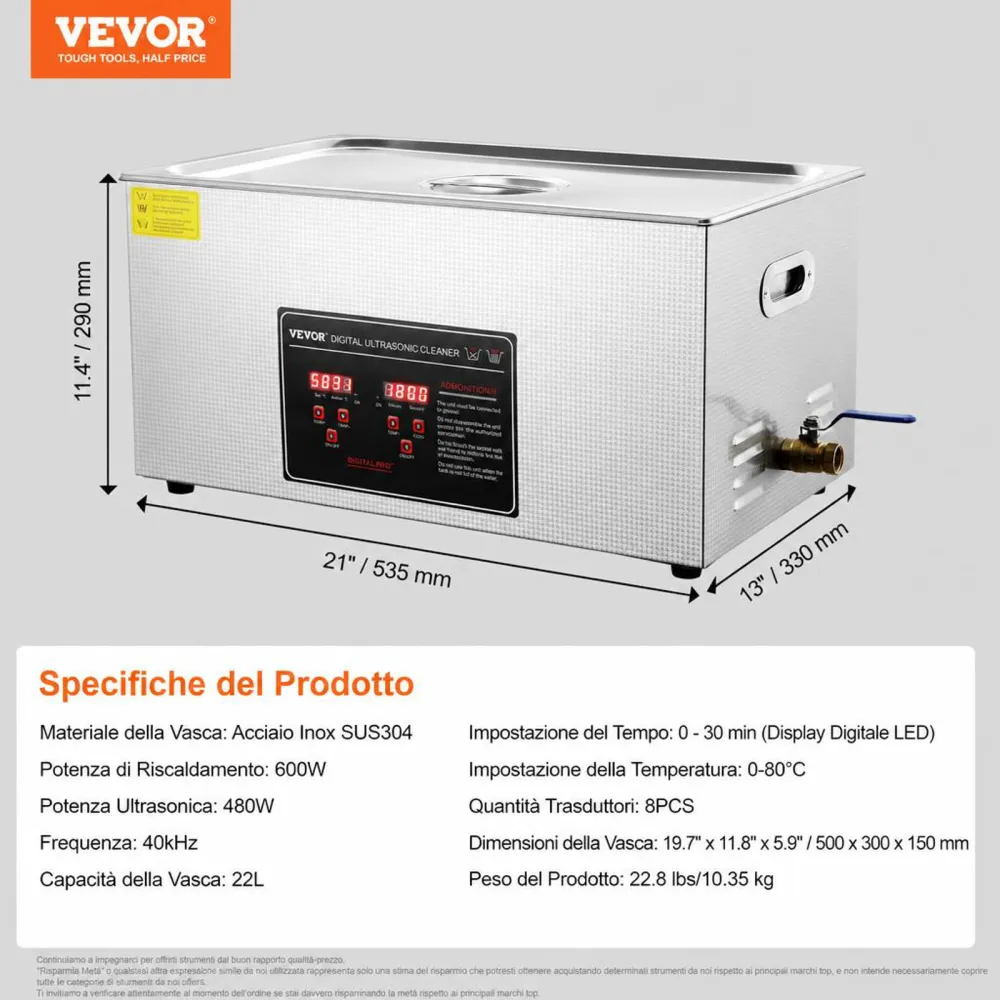 VEVOR Pulitore a Ultrasuoni Display Digitale in Acciaio Inox Capienza 22 Litri con Riscaldamento Tempo Temperatura Regolabile, Macchina Pulitrice a Ultrasuoni per Gioielli Occhiali Orologi Laboratorio