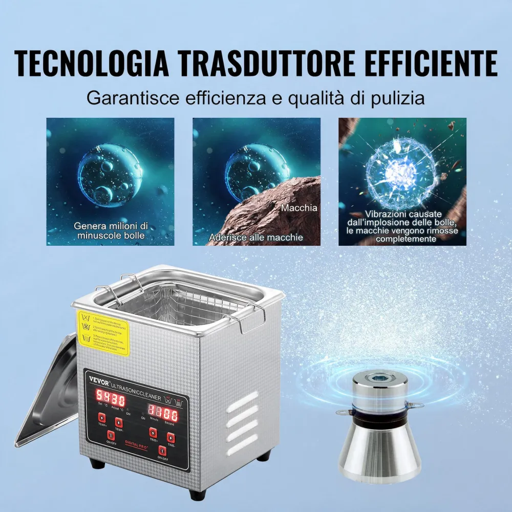VEVOR Pulitore a Ultrasuoni Vassoio Display Digitale in Acciaio Inox Capienza 2 Litri con Riscaldamento Tempo Temperatura Regolabile, Macchina Pulitrice a Ultrasuoni per Gioielli Occhiali Laboratorio