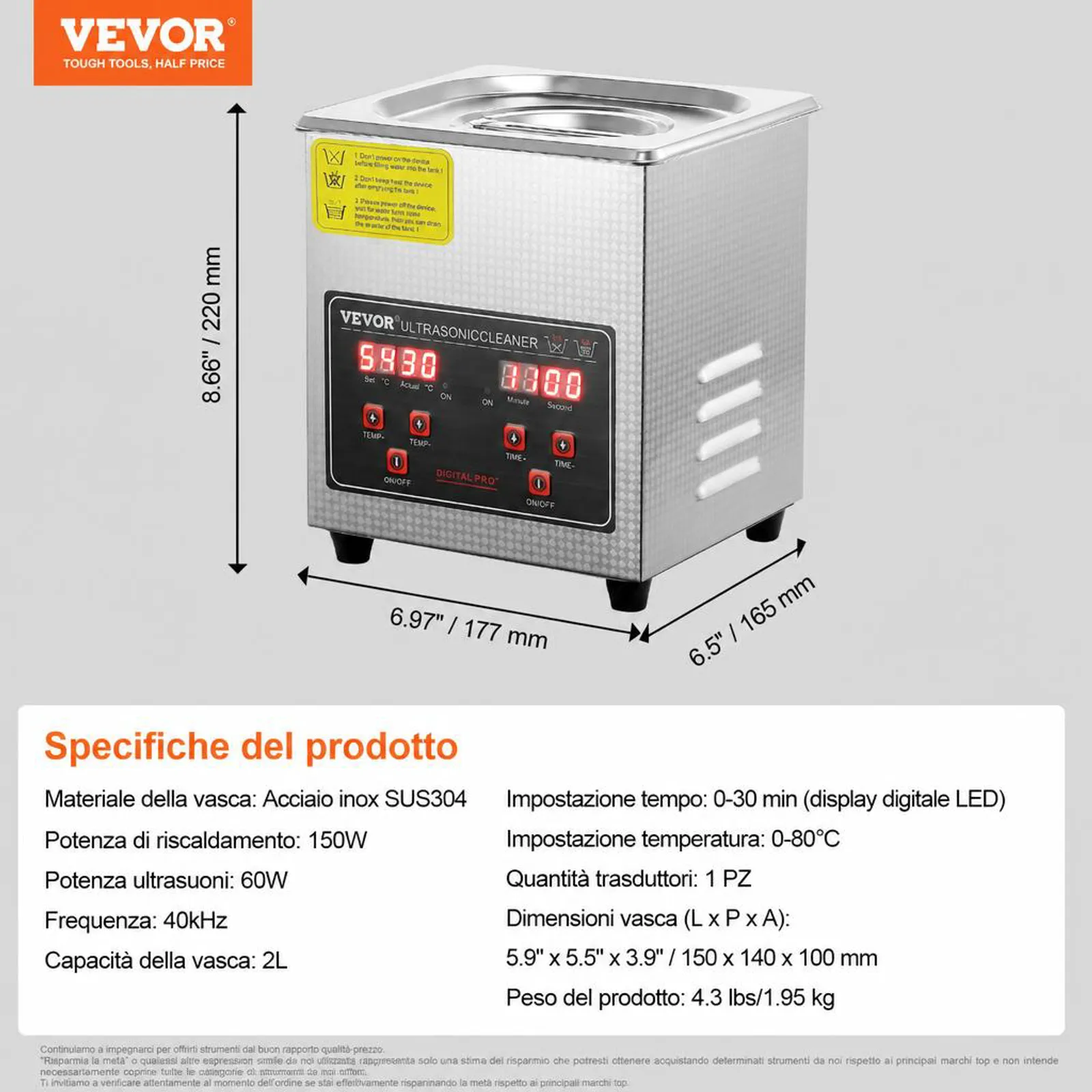 VEVOR Pulitore a Ultrasuoni Vassoio Display Digitale in Acciaio Inox Capienza 2 Litri con Riscaldamento Tempo Temperatura Regolabile, Macchina Pulitrice a Ultrasuoni per Gioielli Occhiali Laboratorio