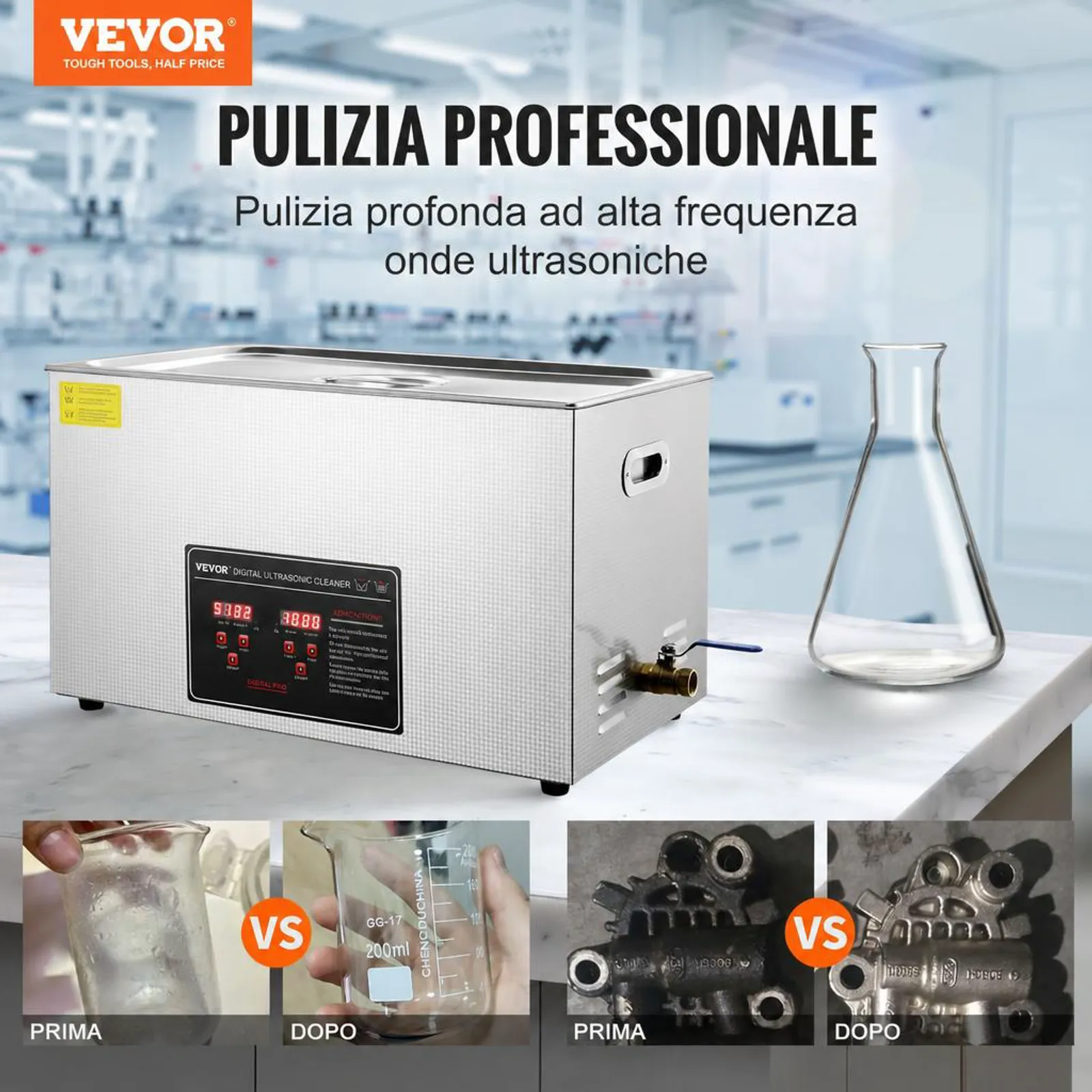 VEVOR Pulitore a Ultrasuoni Display Digitale in Acciaio Inox Capienza 30 Litri con Riscaldamento Tempo Temperatura Regolabile, Macchina Pulitrice a Ultrasuoni per Gioielli Occhiali Orologi Laboratorio
