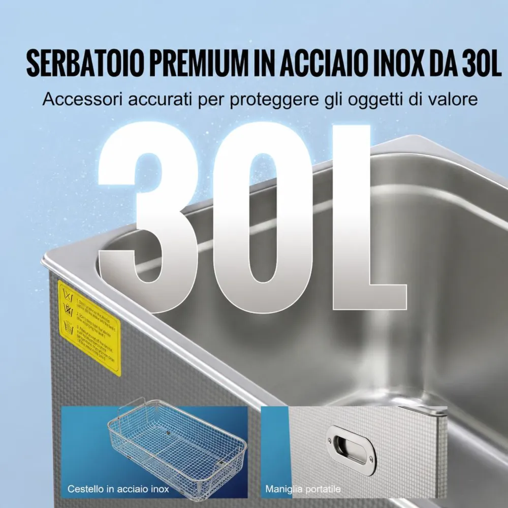 VEVOR Pulitore a Ultrasuoni Display Digitale in Acciaio Inox Capienza 30 Litri con Riscaldamento Tempo Temperatura Regolabile, Macchina Pulitrice a Ultrasuoni per Gioielli Occhiali Orologi Laboratorio