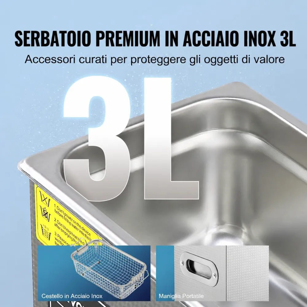 VEVOR Pulitore a Ultrasuoni Digitale in Acciaio Inox Capacità 3 Litri con Riscaldamento Tempo Temperatura Regolabile, Macchina Pulitrice a Ultrasuoni da Gioielli Occhiali Orologi Laboratorio Clinico