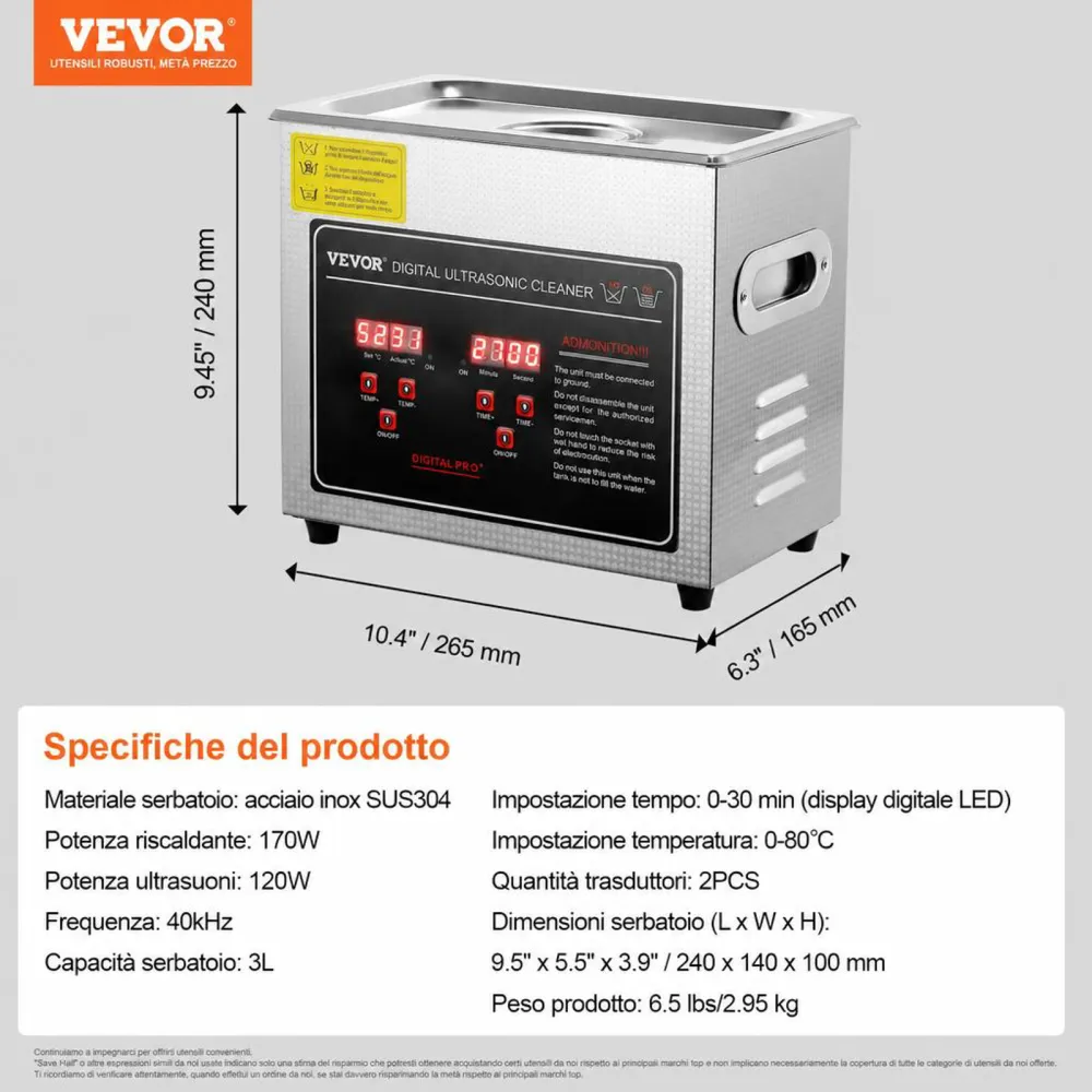 VEVOR Pulitore a Ultrasuoni Digitale in Acciaio Inox Capacità 3 Litri con Riscaldamento Tempo Temperatura Regolabile, Macchina Pulitrice a Ultrasuoni da Gioielli Occhiali Orologi Laboratorio Clinico