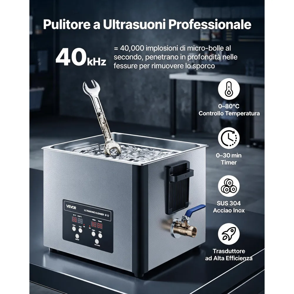 VEVOR Pulitore a Ultrasuoni da 15 L, Macchina Professionale per la Pulizia a Ultrasuoni, con Cestello di Pulizia e Schermo Digitale, in Acciaio Inox da 240W e 40 kHz per Carburatori, Strumenti