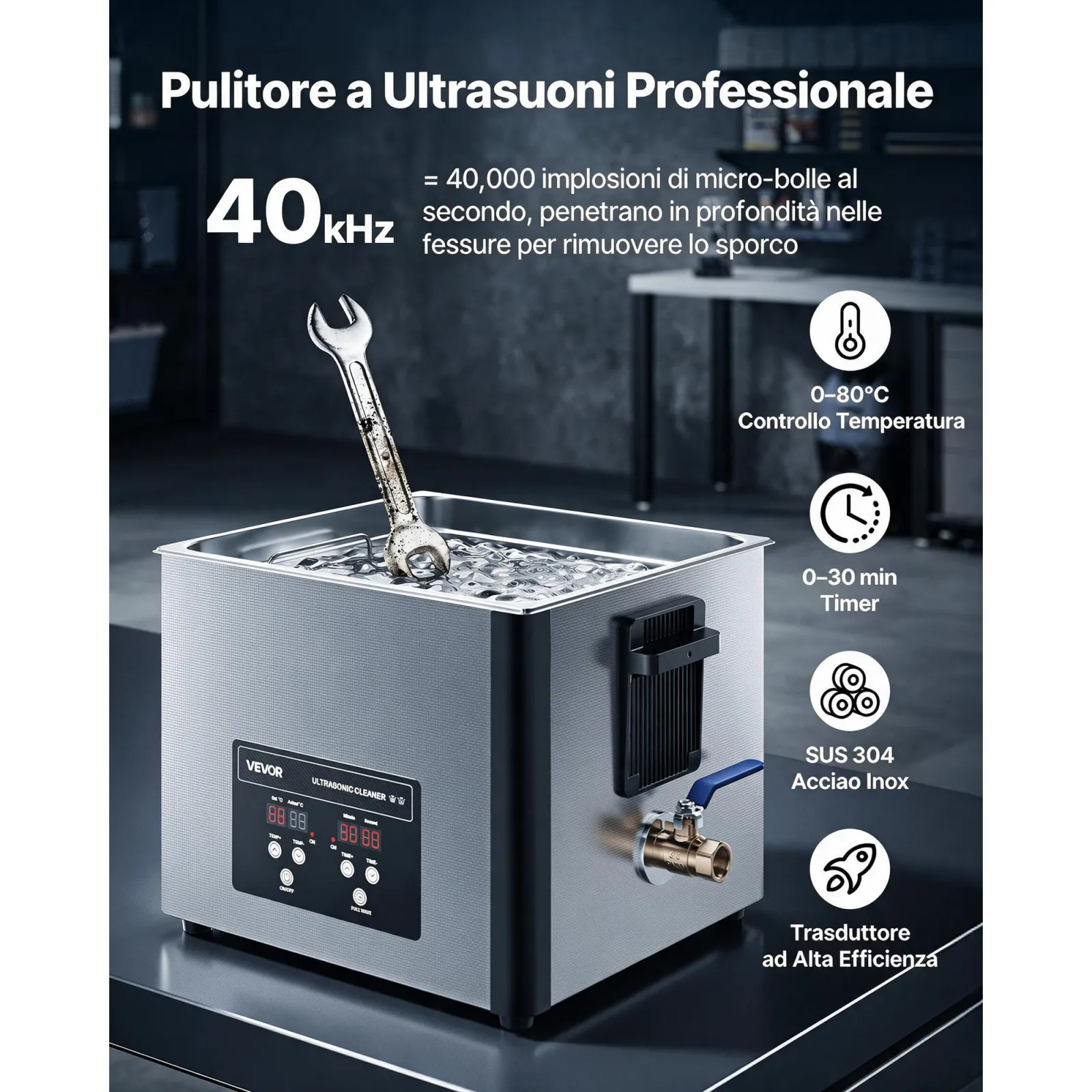 VEVOR Pulitore a Ultrasuoni da 15 L, Macchina Professionale per la Pulizia a Ultrasuoni, con Cestello di Pulizia e Schermo Digitale, in Acciaio Inox da 240W e 40 kHz per Carburatori, Strumenti