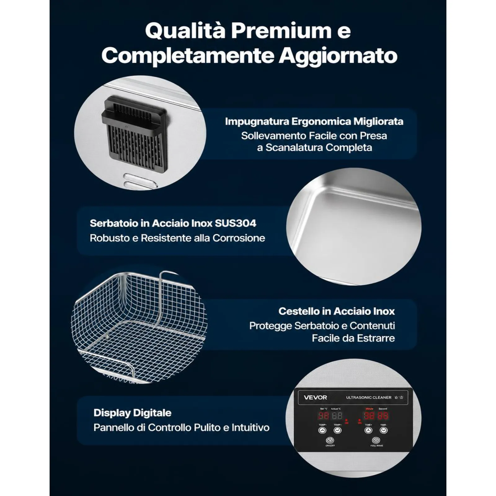 VEVOR Pulitore a Ultrasuoni da 15 L, Macchina Professionale per la Pulizia a Ultrasuoni, con Cestello di Pulizia e Schermo Digitale, in Acciaio Inox da 240W e 40 kHz per Carburatori, Strumenti