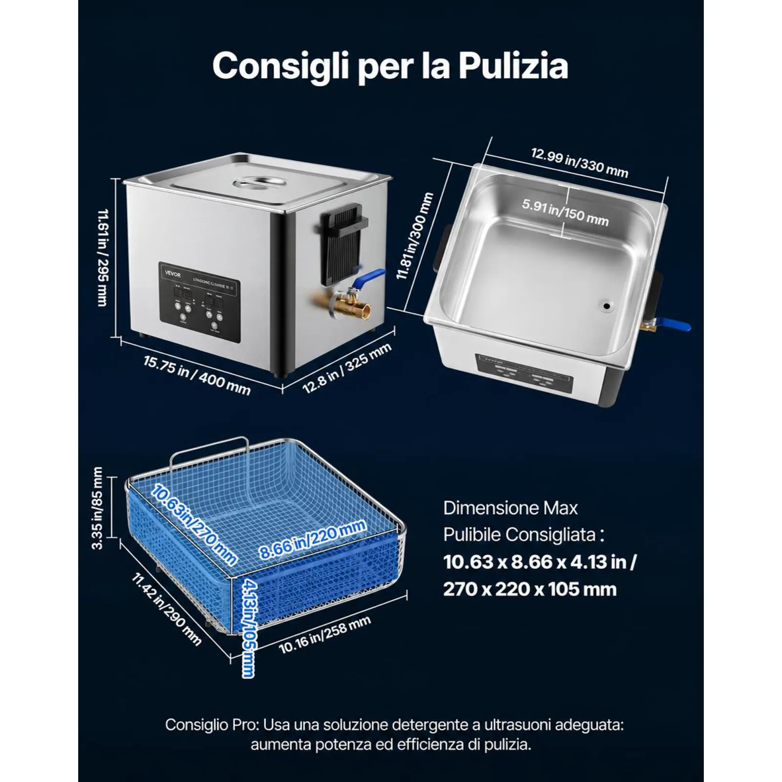 VEVOR Pulitore a Ultrasuoni da 15 L, Macchina Professionale per la Pulizia a Ultrasuoni, con Cestello di Pulizia e Schermo Digitale, in Acciaio Inox da 240W e 40 kHz per Carburatori, Strumenti