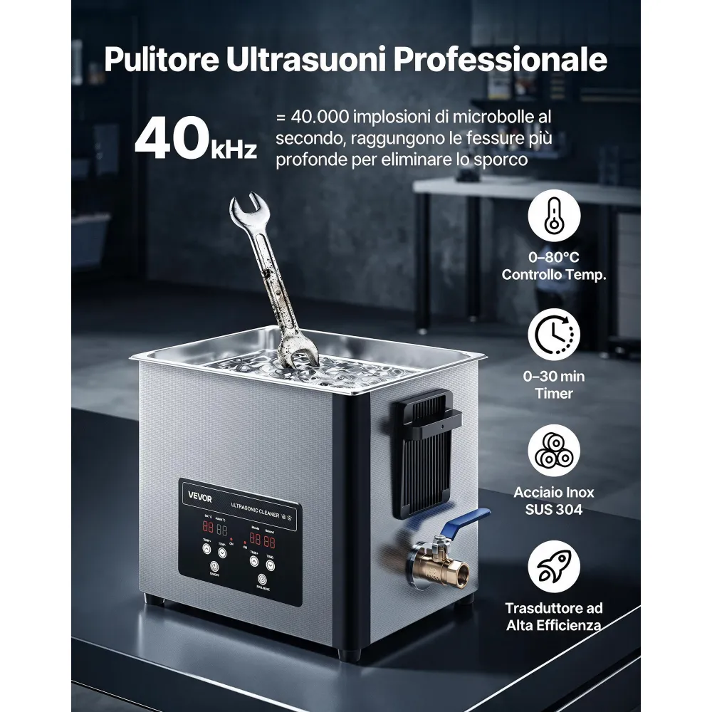 VEVOR Pulitore a Ultrasuoni da 10 L, Macchina Professionale per la Pulizia a Ultrasuoni, con Cestello di Pulizia e Schermo Digitale, in Acciaio Inox da 180 W e 40 kHz per Orologi, Rasoi, Gioielli