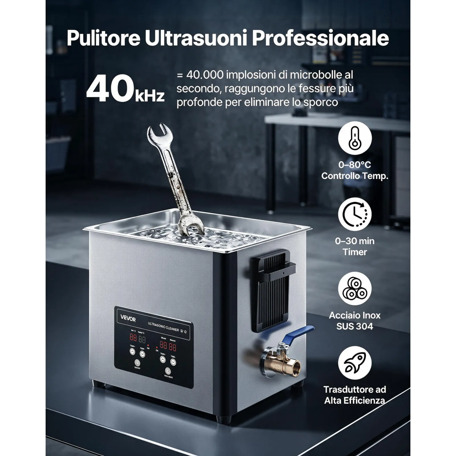 VEVOR Pulitore a Ultrasuoni da 10 L, Macchina Professionale per la Pulizia a Ultrasuoni, con Cestello di Pulizia e Schermo Digitale, in Acciaio Inox da 180 W e 40 kHz per Orologi, Rasoi, Gioielli