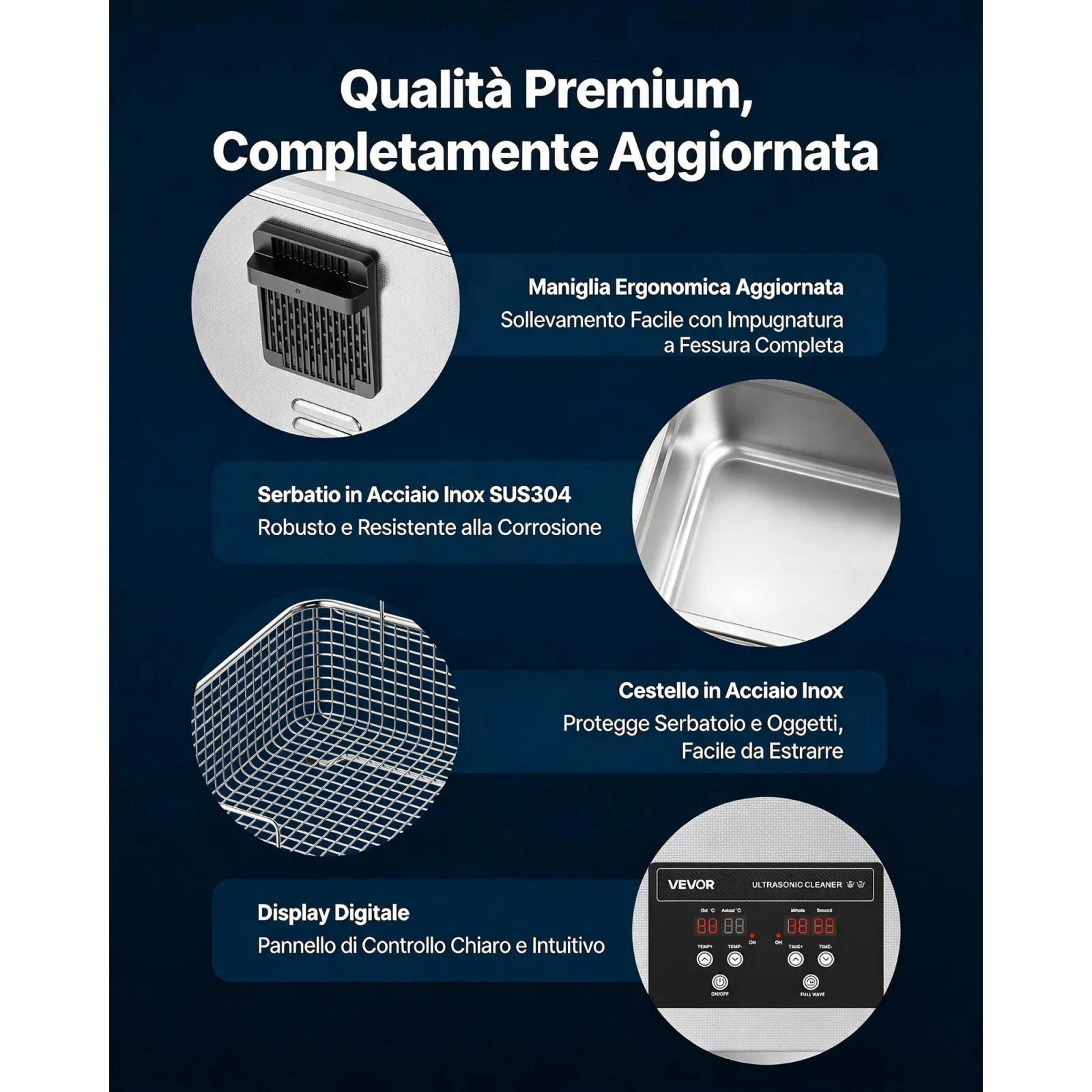 VEVOR Pulitore a Ultrasuoni da 10 L, Macchina Professionale per la Pulizia a Ultrasuoni, con Cestello di Pulizia e Schermo Digitale, in Acciaio Inox da 180 W e 40 kHz per Orologi, Rasoi, Gioielli