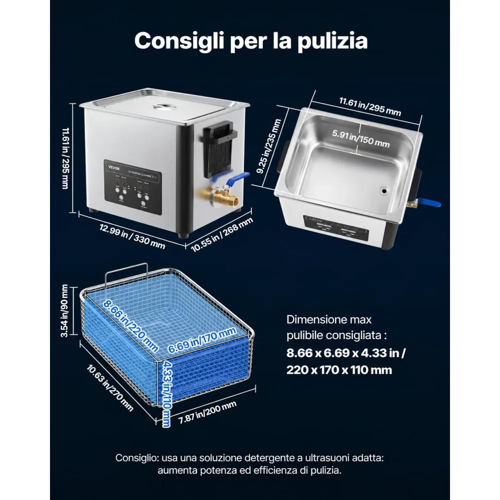 VEVOR Pulitore a Ultrasuoni da 10 L, Macchina Professionale per la Pulizia a Ultrasuoni, con Cestello di Pulizia e Schermo Digitale, in Acciaio Inox da 180 W e 40 kHz per Orologi, Rasoi, Gioielli
