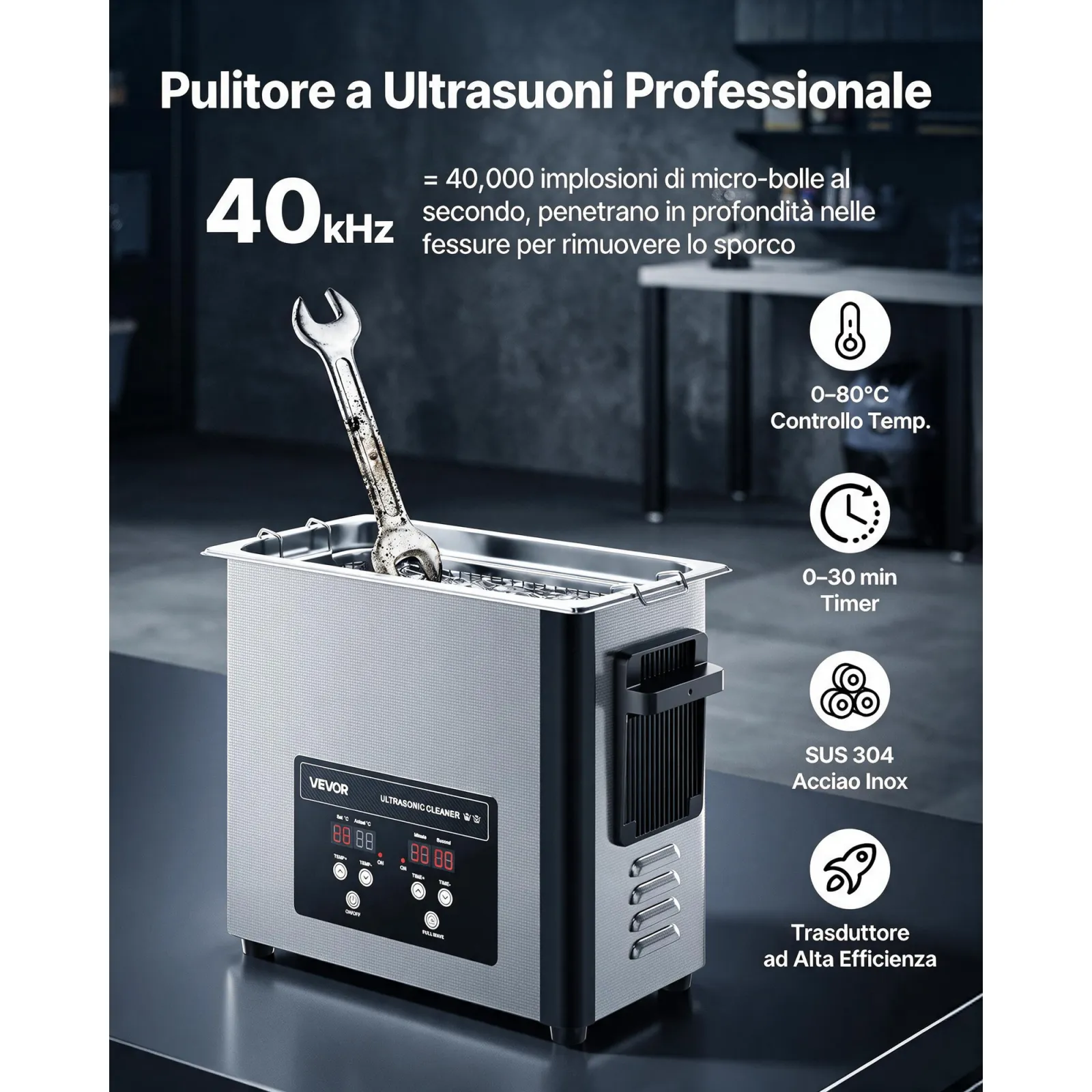 VEVOR Pulitore a Ultrasuoni da 6 L, Macchina Professionale per la Pulizia a Ultrasuoni, con Cestello di Pulizia e Schermo Digitale, in Acciaio Inox da 120 W e 40 kHz per Orologi, Rasoi, Gioielli