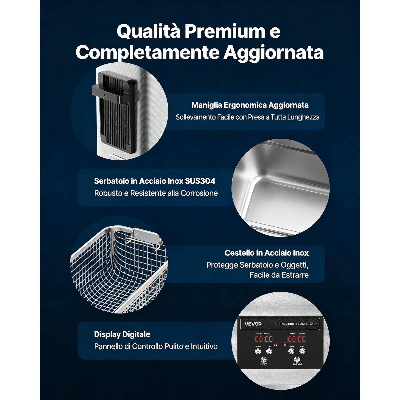 VEVOR Pulitore a Ultrasuoni da 6 L, Macchina Professionale per la Pulizia a Ultrasuoni, con Cestello di Pulizia e Schermo Digitale, in Acciaio Inox da 120 W e 40 kHz per Orologi, Rasoi, Gioielli