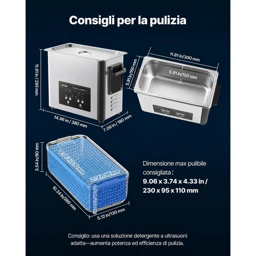 VEVOR Pulitore a Ultrasuoni da 6 L, Macchina Professionale per la Pulizia a Ultrasuoni, con Cestello di Pulizia e Schermo Digitale, in Acciaio Inox da 120 W e 40 kHz per Orologi, Rasoi, Gioielli
