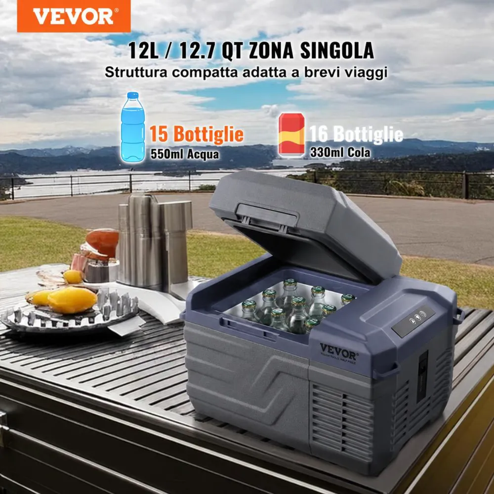 VEVOR Frigorifero per Auto, Congelatore Portatile Zona Singola 12 L 12 Volt, Gamma Regolabile da -20 ~ 20 ℃, Dispositivo di Raffreddamento a Compressore 12/24 V CC e 100-240 V CA per Campeggio Camper