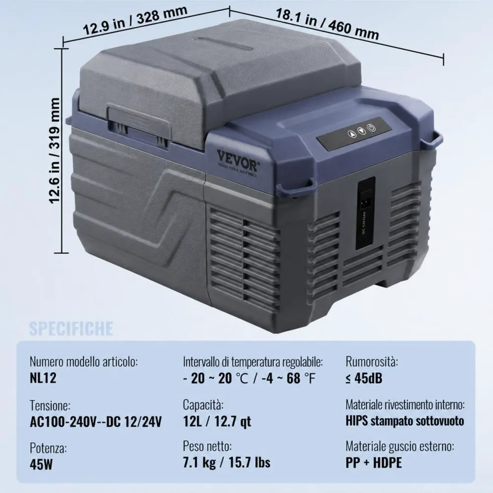 VEVOR Frigorifero per Auto, Congelatore Portatile Zona Singola 12 L 12 Volt, Gamma Regolabile da -20 ~ 20 ℃, Dispositivo di Raffreddamento a Compressore 12/24 V CC e 100-240 V CA per Campeggio Camper