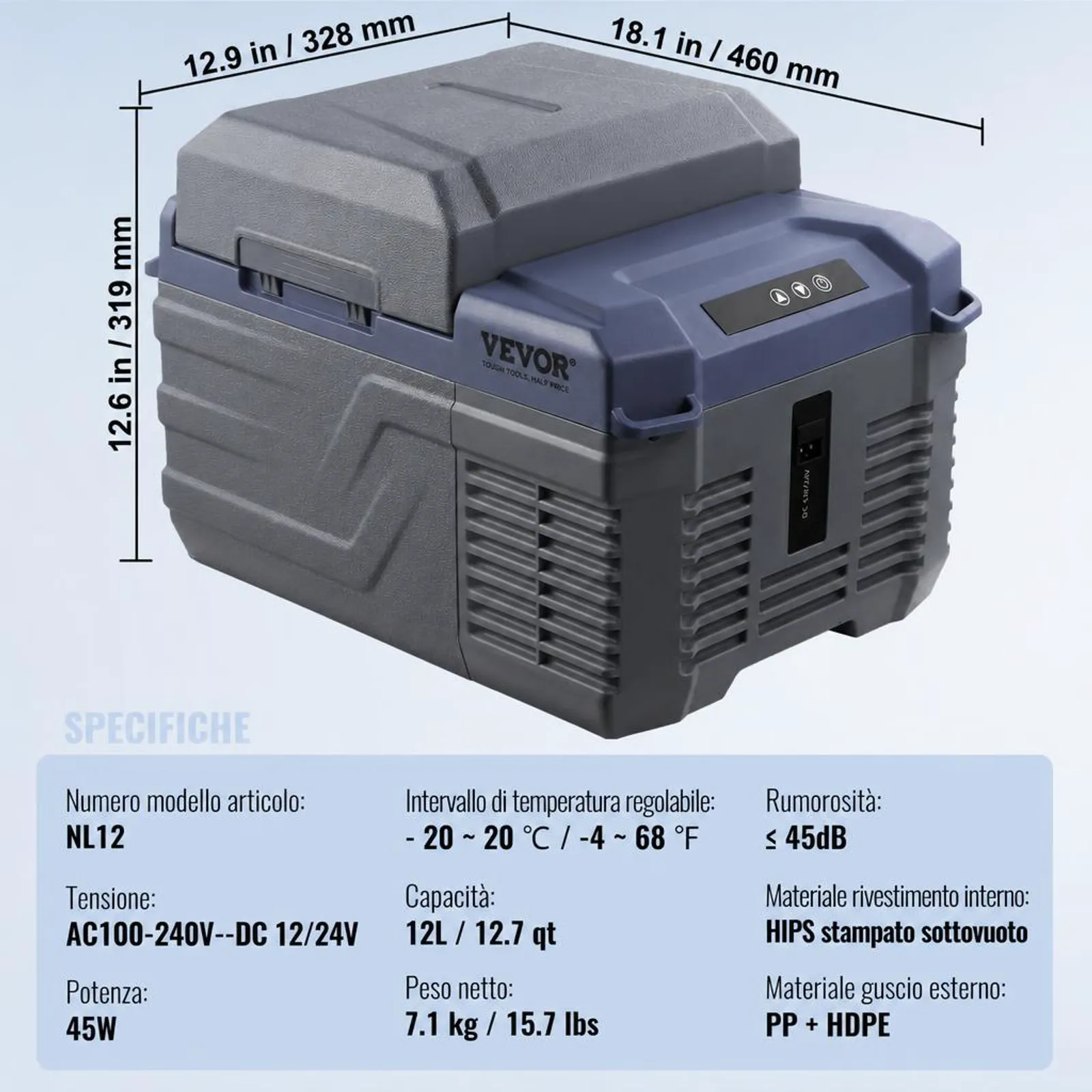 VEVOR Frigorifero per Auto, Congelatore Portatile Zona Singola 12 L 12 Volt, Gamma Regolabile da -20 ~ 20 ℃, Dispositivo di Raffreddamento a Compressore 12/24 V CC e 100-240 V CA per Campeggio Camper