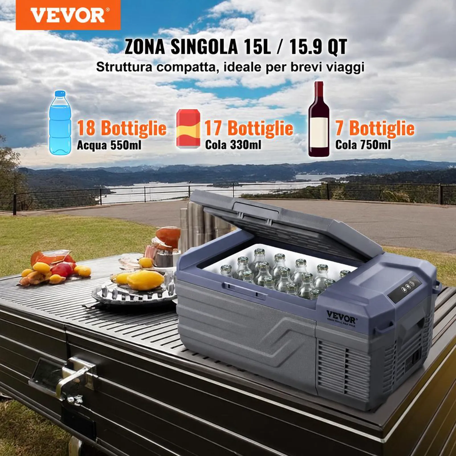 VEVOR Frigorifero per Auto, Congelatore Portatile Zona Singola 15 L 12 Volt, Gamma Regolabile da -20 ~ 20 ℃, Dispositivo di Raffreddamento a Compressore 12/24 V CC e 100-240 V CA per Campeggio Camper