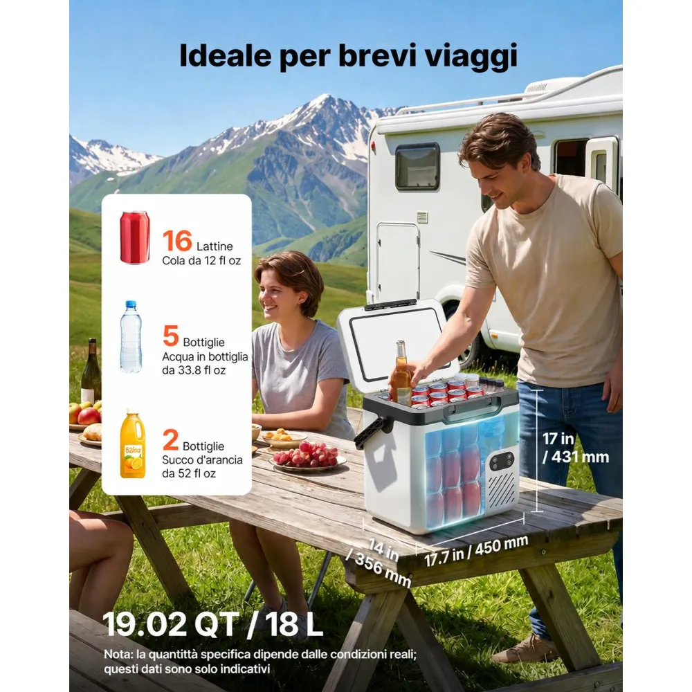 VEVOR Frigorifero Portatile Elettrico per Auto, Frigo Portatile da Auto Capienza 18 Litri 12V/24V 100-240V CA, Frigorifero a Compressore -20°C a 20°C Maniglia Senza Ruote per Campeggio Viaggio Pesca
