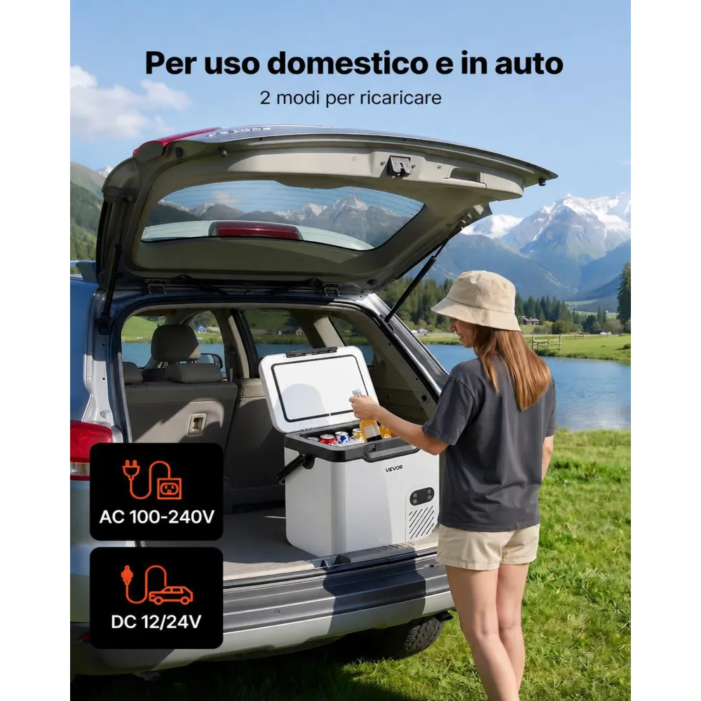 VEVOR Frigorifero Portatile Elettrico per Auto, Frigo Portatile da Auto Capienza 18 Litri 12V/24V 100-240V CA, Frigorifero a Compressore -20°C a 20°C Maniglia Senza Ruote per Campeggio Viaggio Pesca