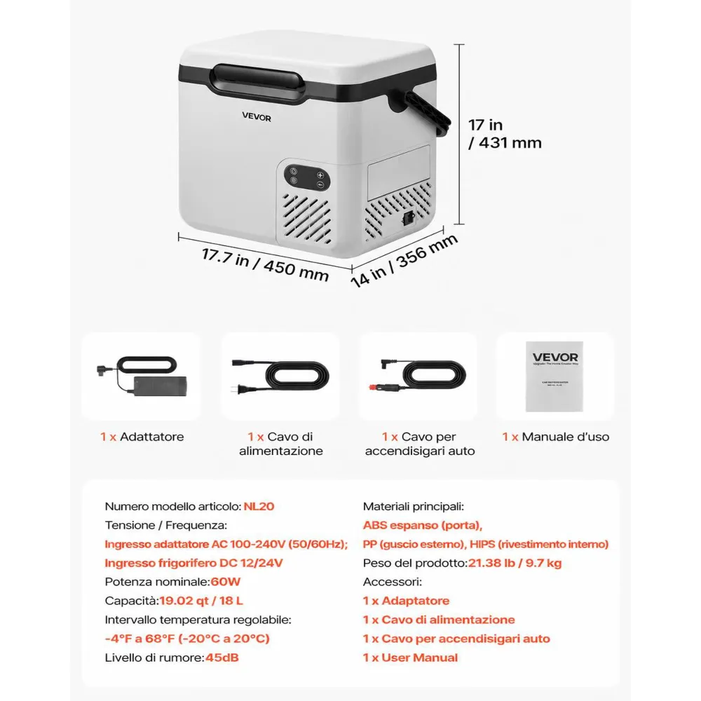 VEVOR Frigorifero Portatile Elettrico per Auto, Frigo Portatile da Auto Capienza 18 Litri 12V/24V 100-240V CA, Frigorifero a Compressore -20°C a 20°C Maniglia Senza Ruote per Campeggio Viaggio Pesca