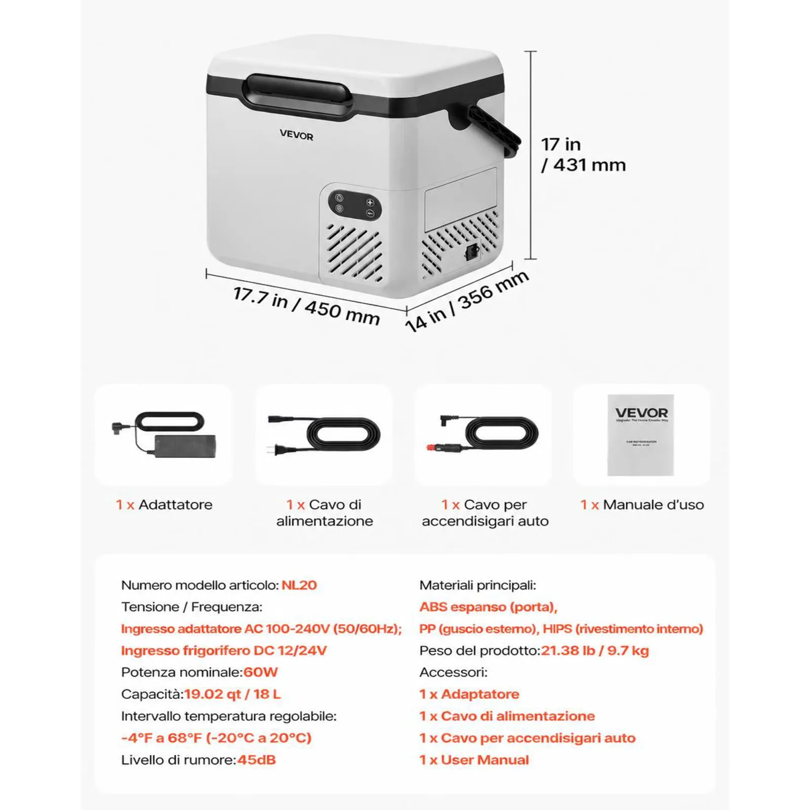 VEVOR Frigorifero Portatile Elettrico per Auto, Frigo Portatile da Auto Capienza 18 Litri 12V/24V 100-240V CA, Frigorifero a Compressore -20°C a 20°C Maniglia Senza Ruote per Campeggio Viaggio Pesca