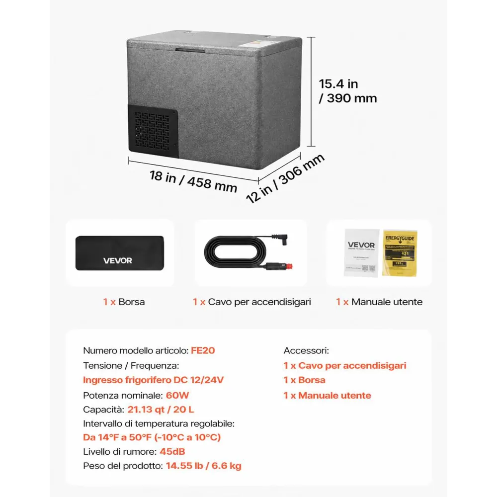 VEVOR Frigorifero Portatile da Auto, Frigorifero per Auto Capienza 20 L in EPP, Congelatore Elettrico da Auto Controllo APP -10°C a 10°C, per Camion Furgoni Camper SUV Barche Viaggio Campeggio