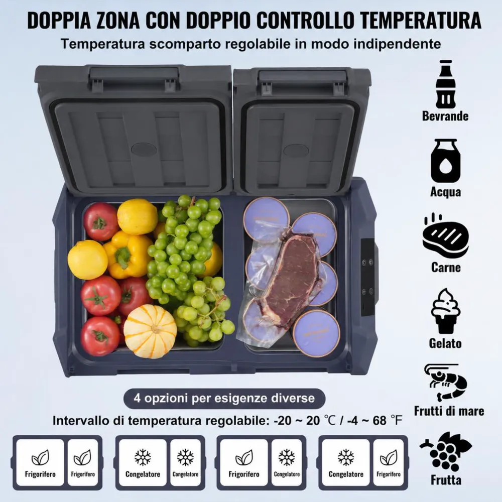 VEVOR Frigorifero per Auto, Congelatore Portatile Doppia Zona 25 L, 12 Volt, Gamma Regolabile da -20 ~ 20 ℃, Dispositivo di Raffreddamento a Compressore 12/24 V CC e 100-240 V CA per Campeggio Camper