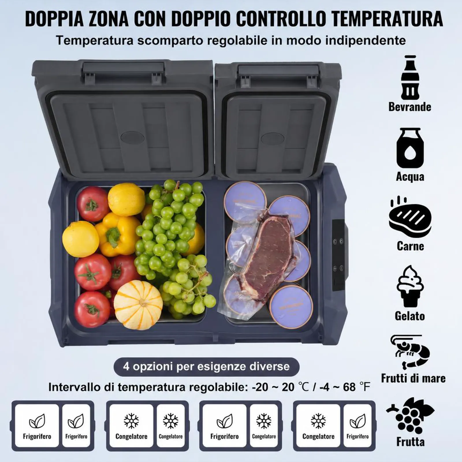 VEVOR Frigorifero per Auto, Congelatore Portatile Doppia Zona 25 L, 12 Volt, Gamma Regolabile da -20 ~ 20 ℃, Dispositivo di Raffreddamento a Compressore 12/24 V CC e 100-240 V CA per Campeggio Camper