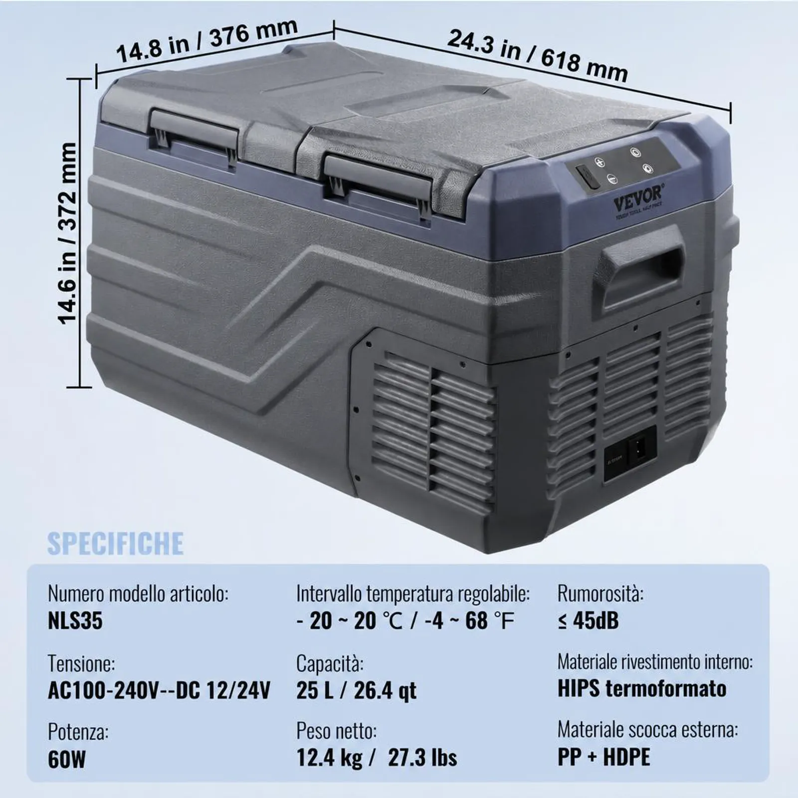 VEVOR Frigorifero per Auto, Congelatore Portatile Doppia Zona 25 L, 12 Volt, Gamma Regolabile da -20 ~ 20 ℃, Dispositivo di Raffreddamento a Compressore 12/24 V CC e 100-240 V CA per Campeggio Camper