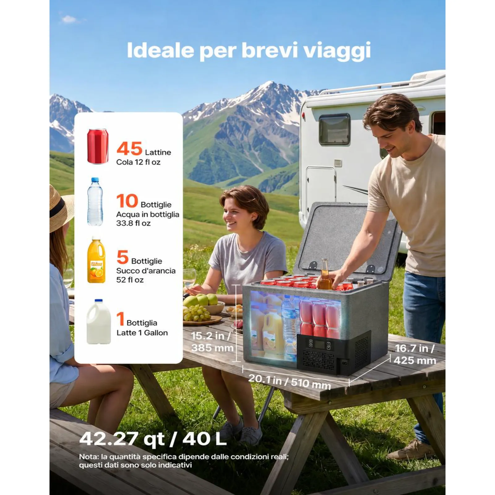 VEVOR Frigorifero a Compressore da Auto 40L, Congelatore per Auto in EPP Elettrico Controllo APP senza Ruote senza Maniglia Temperatura -10°C a 10°C per Camion Camper SUV Barche, Campeggio Viaggio