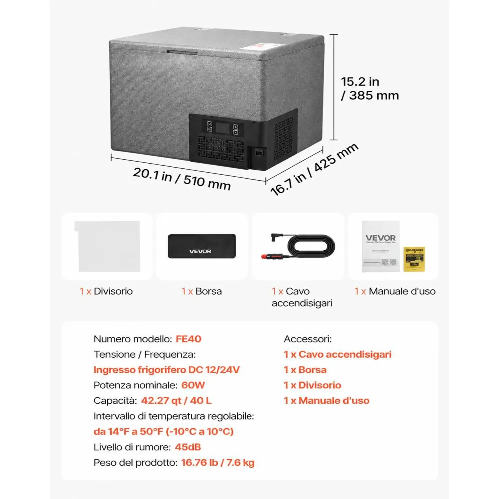 VEVOR Frigorifero a Compressore da Auto 40L, Congelatore per Auto in EPP Elettrico Controllo APP senza Ruote senza Maniglia Temperatura -10°C a 10°C per Camion Camper SUV Barche, Campeggio Viaggio