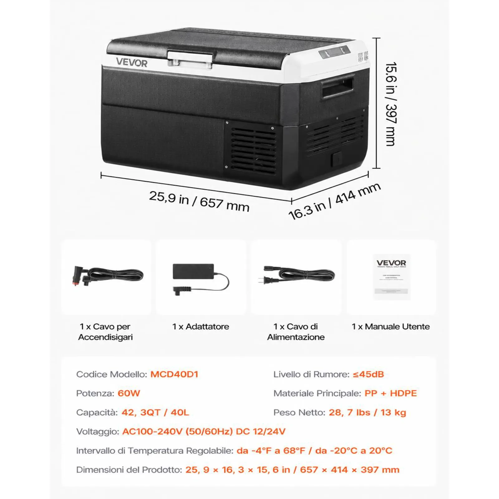 VEVOR Frigorifero da Auto da 12V, Frigo Portatile 40 Litri Portatile per Campeggio Temperatura Regolabile da -20℃ a 20℃ 12/24V CC 100-240V CA, Frigorifero a Compressore da Esterno, Picnic, Camper