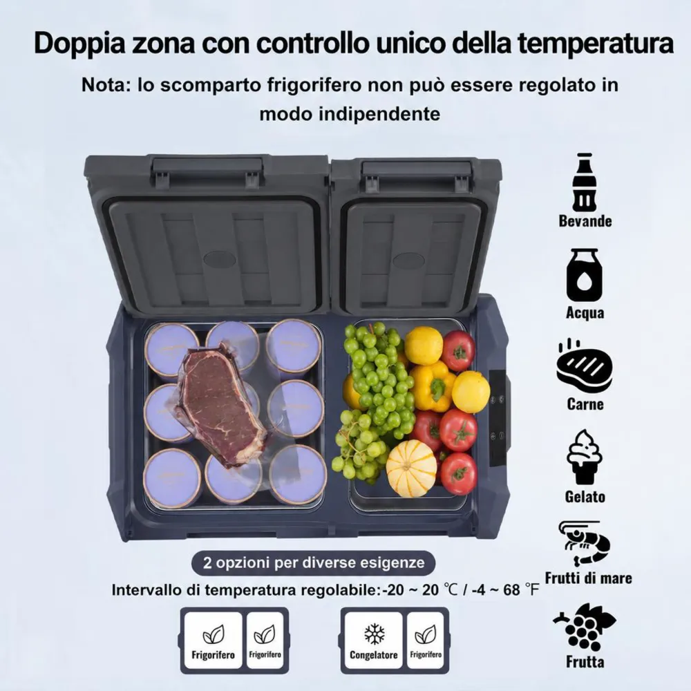 VEVOR Frigorifero per Auto, Congelatore Portatile Doppia Zona 32 L, 12 Volt, Gamma Regolabile da -20 ~ 20 ℃, Dispositivo di Raffreddamento a Compressore 12/24 V CC e 100-240 V CA per Campeggio Camper