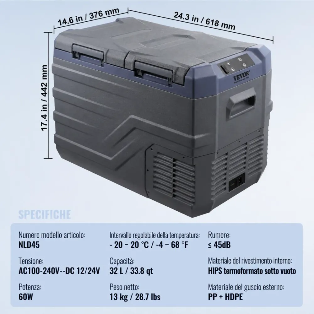 VEVOR Frigorifero per Auto, Congelatore Portatile Doppia Zona 32 L, 12 Volt, Gamma Regolabile da -20 ~ 20 ℃, Dispositivo di Raffreddamento a Compressore 12/24 V CC e 100-240 V CA per Campeggio Camper