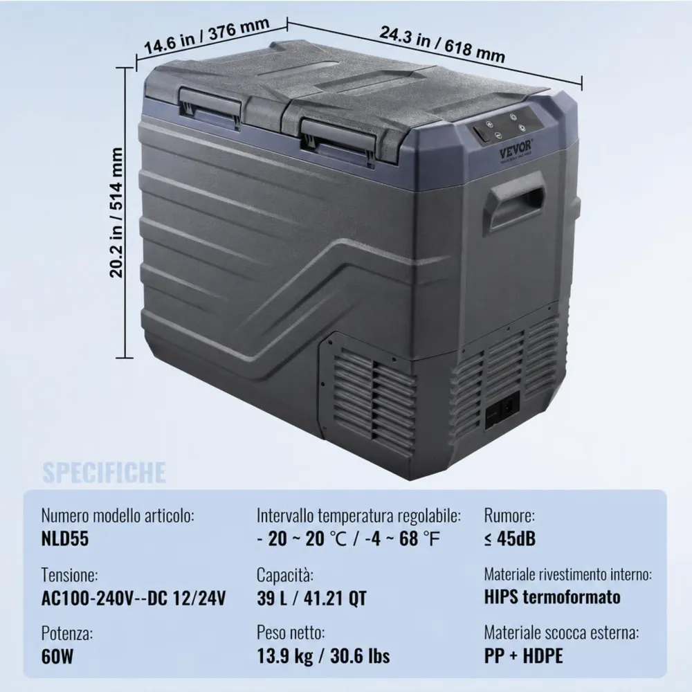 VEVOR Frigorifero per Auto, Congelatore Portatile Doppia Zona 40 L, 12 Volt, Gamma Regolabile da -20 ~ 20 ℃, Dispositivo di Raffreddamento a Compressore 12/24 V CC e 100-240 V CA per Campeggio Camper
