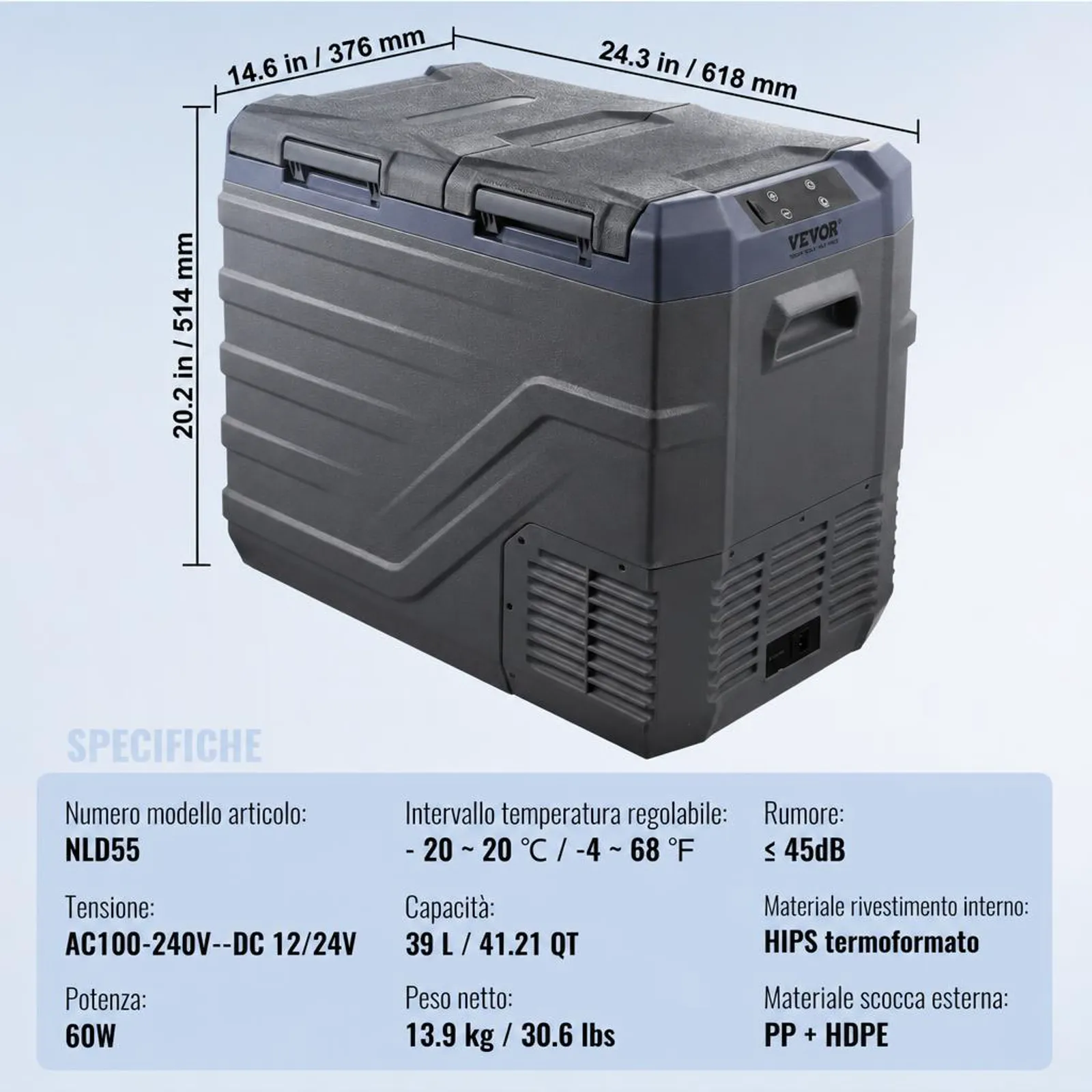 VEVOR Frigorifero per Auto, Congelatore Portatile Doppia Zona 40 L, 12 Volt, Gamma Regolabile da -20 ~ 20 ℃, Dispositivo di Raffreddamento a Compressore 12/24 V CC e 100-240 V CA per Campeggio Camper