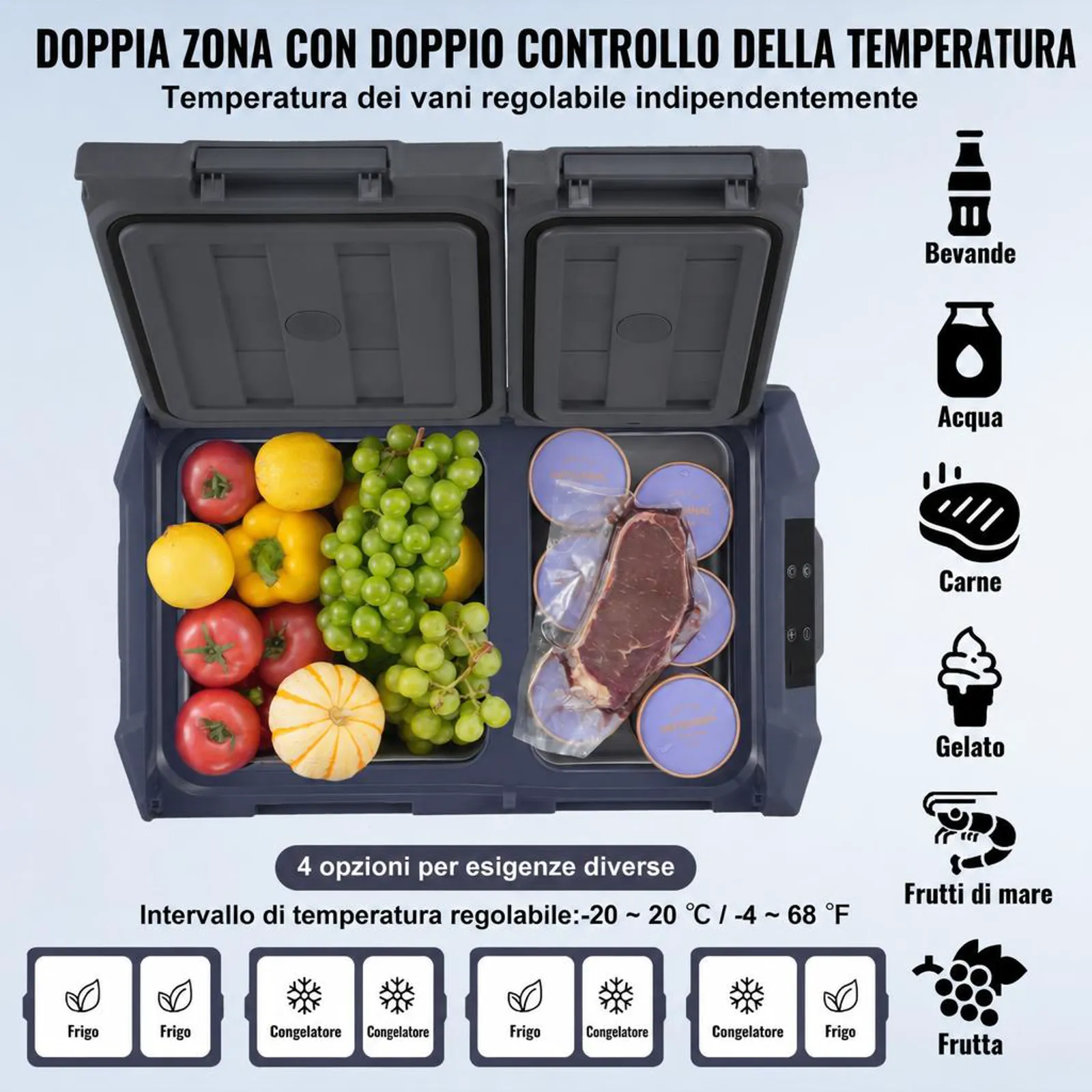 VEVOR Frigorifero per Auto, Congelatore Portatile Doppia Zona 40 L, 12 Volt, Gamma Regolabile da -20 ~ 20 ℃, Dispositivo di Raffreddamento a Compressore 12/24 V CC e 100-240 V CA per Campeggio Camper