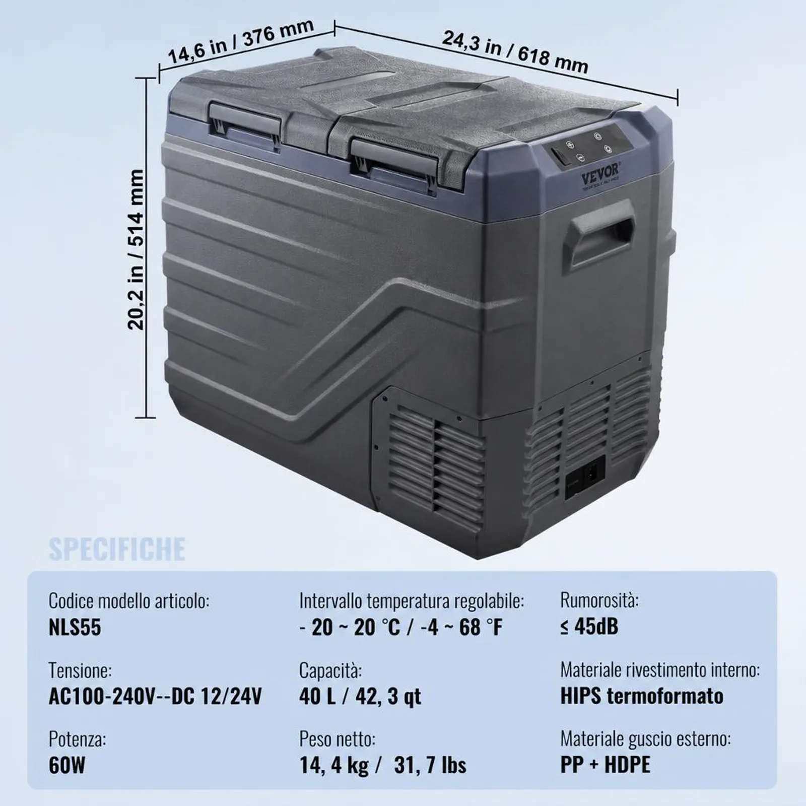 VEVOR Frigorifero per Auto, Congelatore Portatile Doppia Zona 40 L, 12 Volt, Gamma Regolabile da -20 ~ 20 ℃, Dispositivo di Raffreddamento a Compressore 12/24 V CC e 100-240 V CA per Campeggio Camper