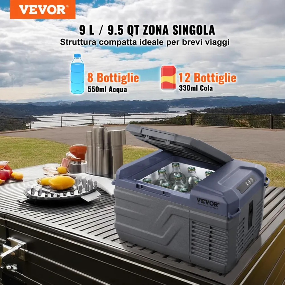 VEVOR Frigorifero per Auto, Congelatore Portatile Zona Singola 9 L 12 Volt, Gamma Regolabile da -20 ~ 20 ℃, Dispositivo di Raffreddamento a Compressore 12/24 V CC e 100-240 V CA per Campeggio Camper