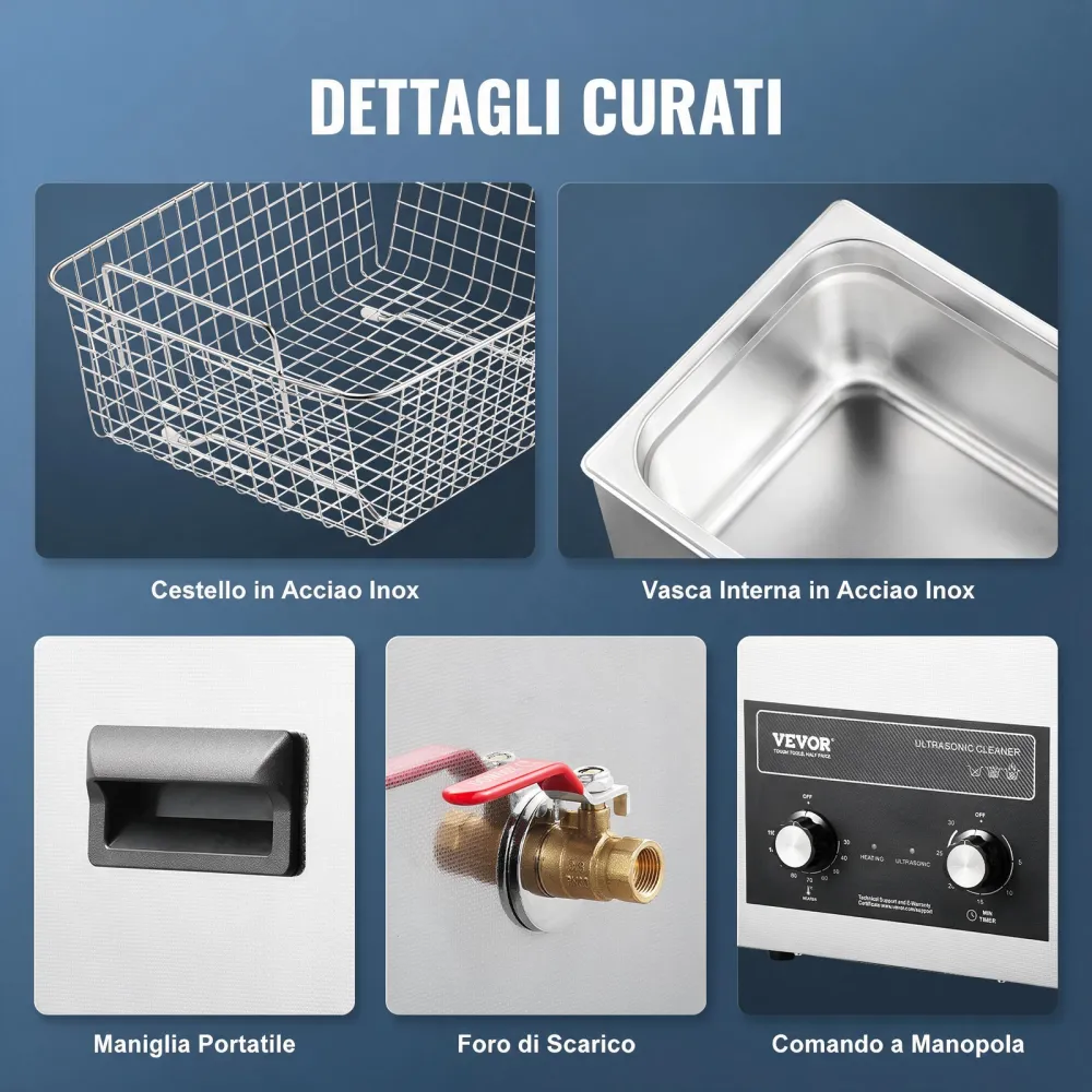 VEVOR Pulitore ad Ultrasuoni 10L con Timer Riscaldante Cestello, Macchina Digitale a Cavitazione Sonica, Pulitrice Ultrasuoni 240 W per Strumenti di Orologi, Occhiali, Monete, Utensili Metallici