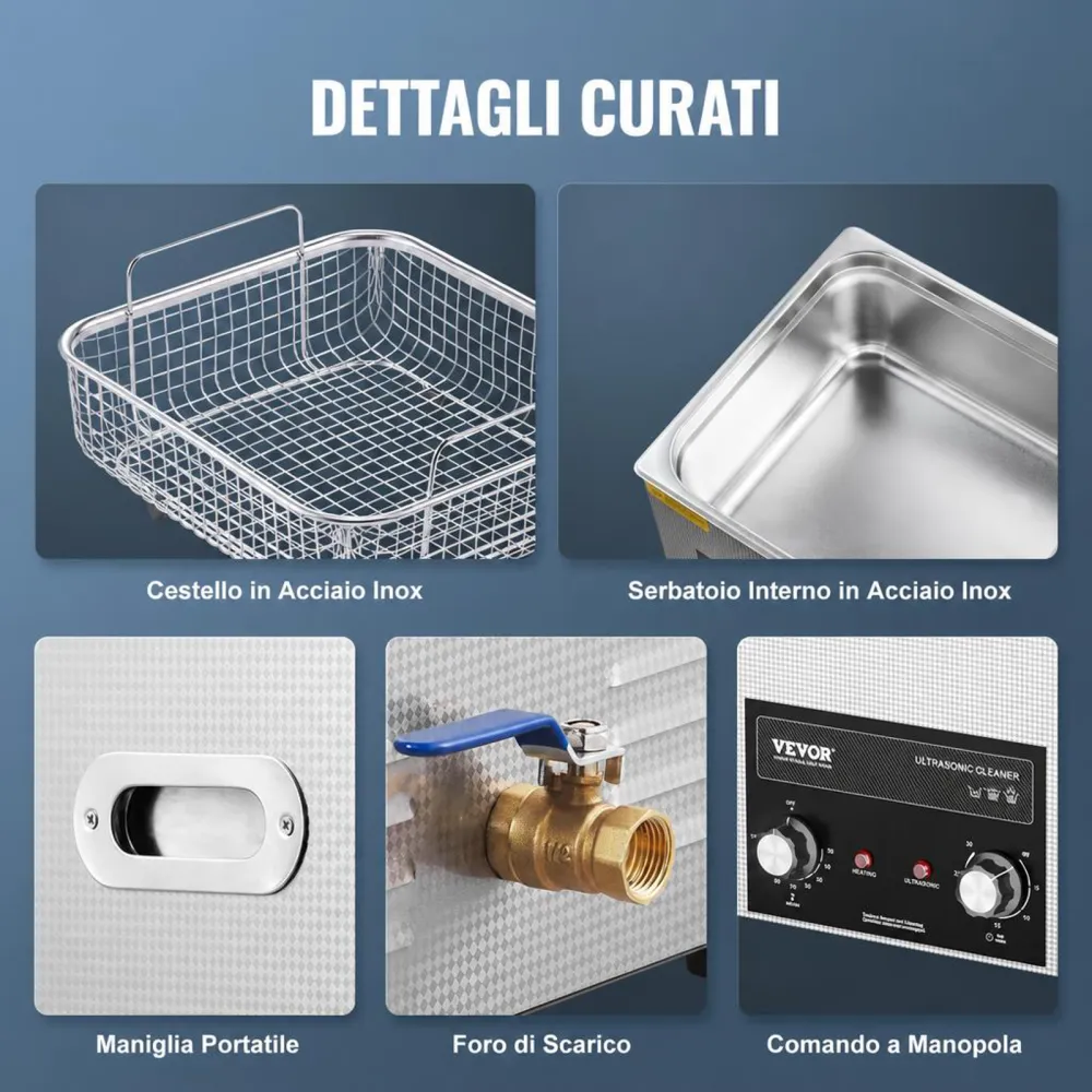 VEVOR Pulitore ad Ultrasuoni 15L con Timer Riscaldante Cestello, Macchina Digitale a Cavitazione Sonica, Pulitrice Ultrasuoni 360 W per Strumenti di Orologi, Occhiali, Monete, Utensili Metallici