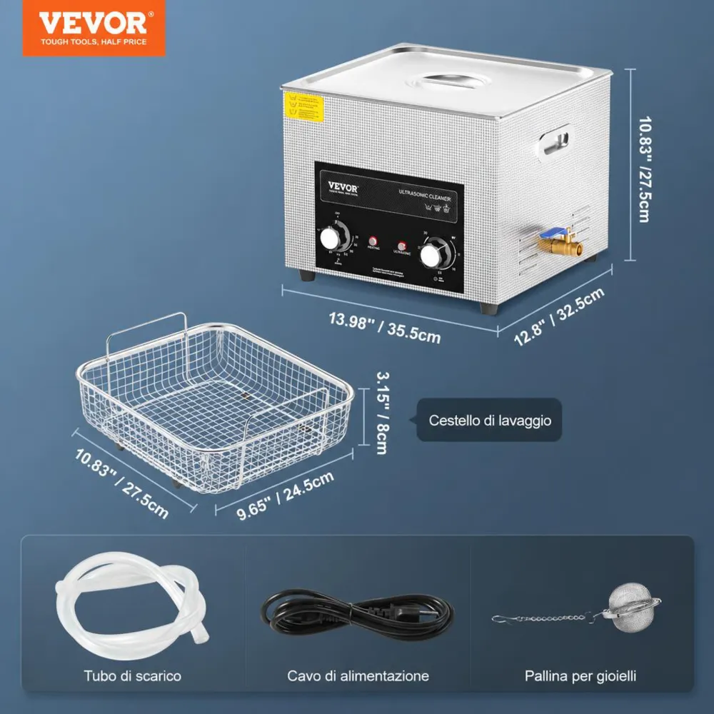 VEVOR Pulitore ad Ultrasuoni 15L con Timer Riscaldante Cestello, Macchina Digitale a Cavitazione Sonica, Pulitrice Ultrasuoni 360 W per Strumenti di Orologi, Occhiali, Monete, Utensili Metallici