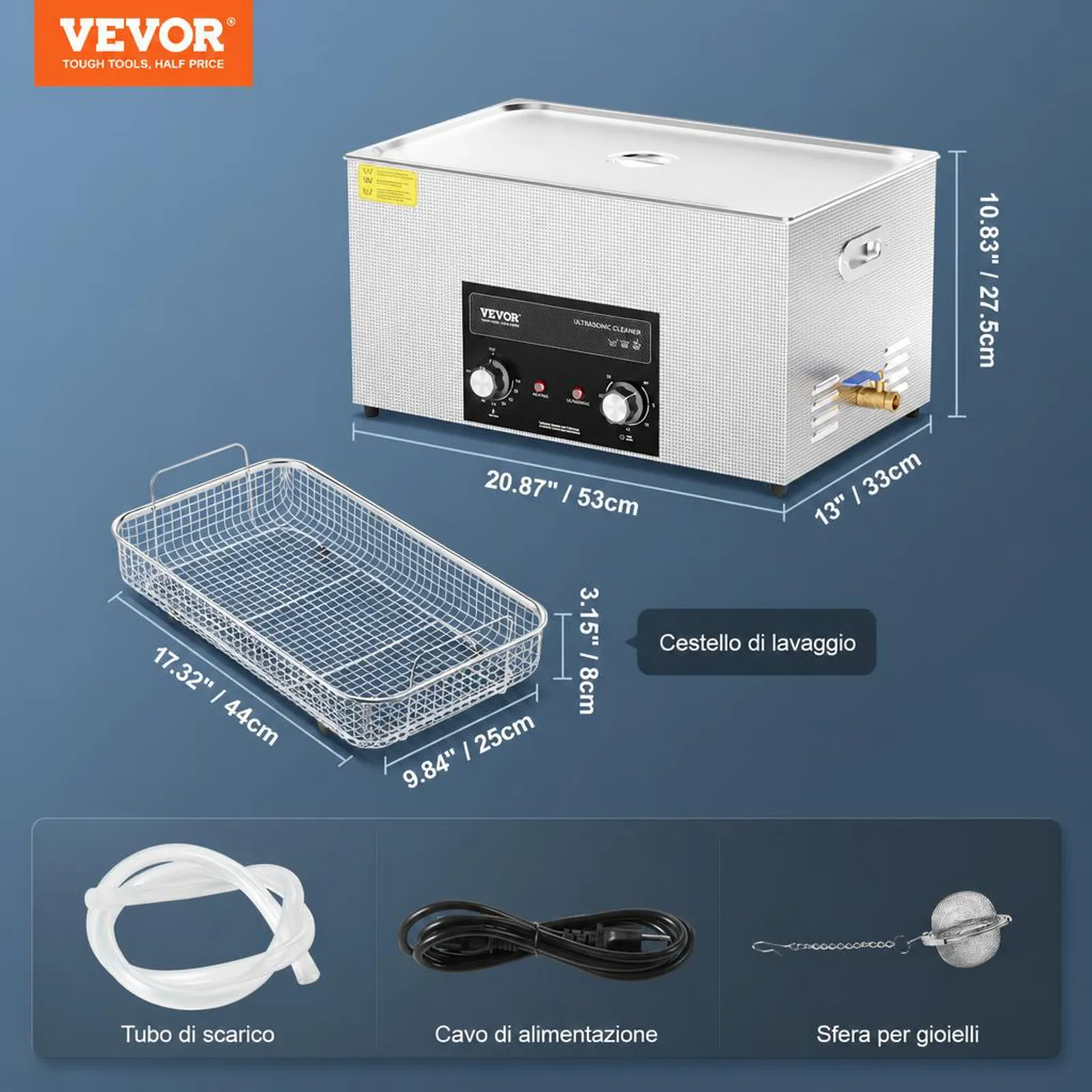 VEVOR Pulitore ad Ultrasuoni 22L con Timer Riscaldante Cestello, Macchina Digitale a Cavitazione Sonica, Pulitrice Ultrasuoni 480 W per Strumenti di Orologi, Occhiali, Monete, Utensili Metallici
