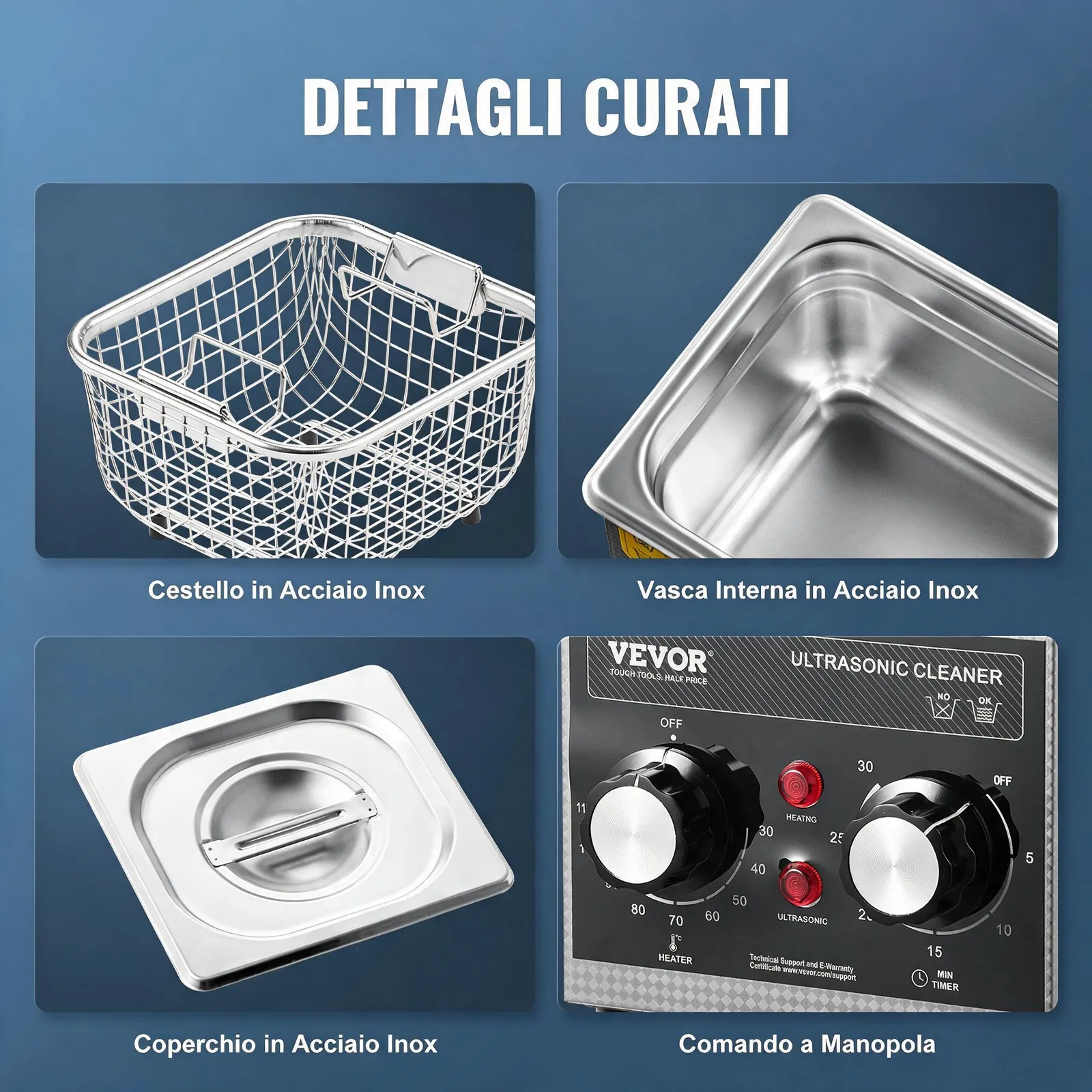 VEVOR Pulitore ad Ultrasuoni 2L con Timer Riscaldante Cestello, Macchina Digitale a Cavitazione Sonica, Pulitrice Ultrasuoni 60 W per Strumenti di Orologi, Occhiali, Monete, Utensili Metallici