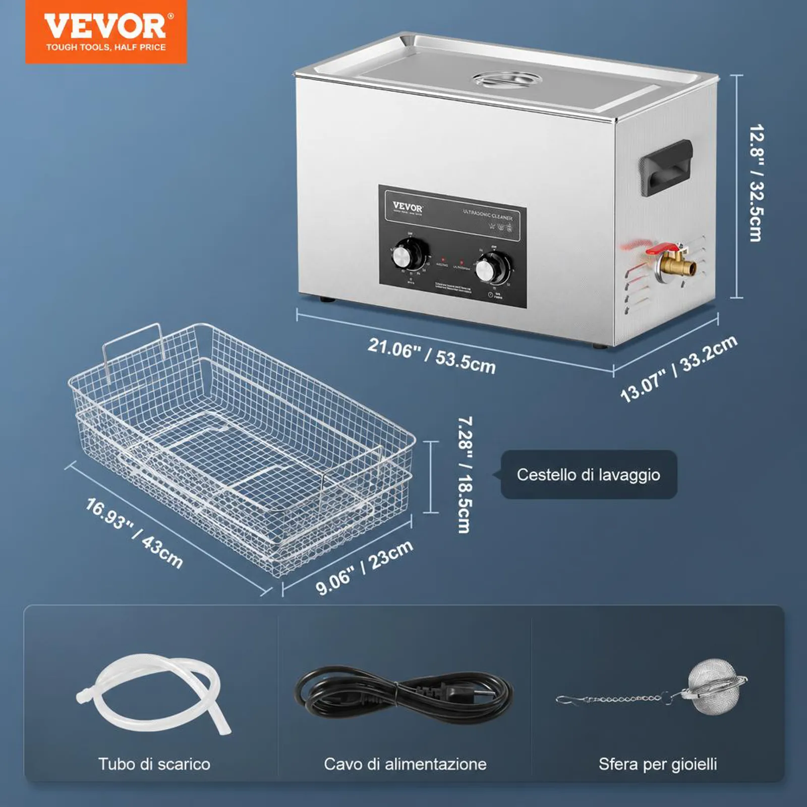 VEVOR Pulitore ad Ultrasuoni 30L con Timer Riscaldante Cestello, Macchina Digitale a Cavitazione Sonica, Pulitrice Ultrasuoni 600 W per Strumenti di Orologi, Occhiali, Monete, Utensili Metallici