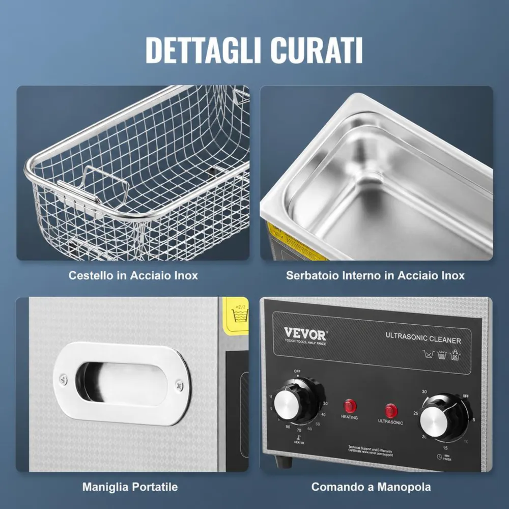 VEVOR Pulitore ad Ultrasuoni 3L con Timer Riscaldante Cestello, Macchina Digitale a Cavitazione Sonica, Pulitrice Ultrasuoni 120 W per Strumenti di Orologi, Occhiali, Monete, Utensili Metallici