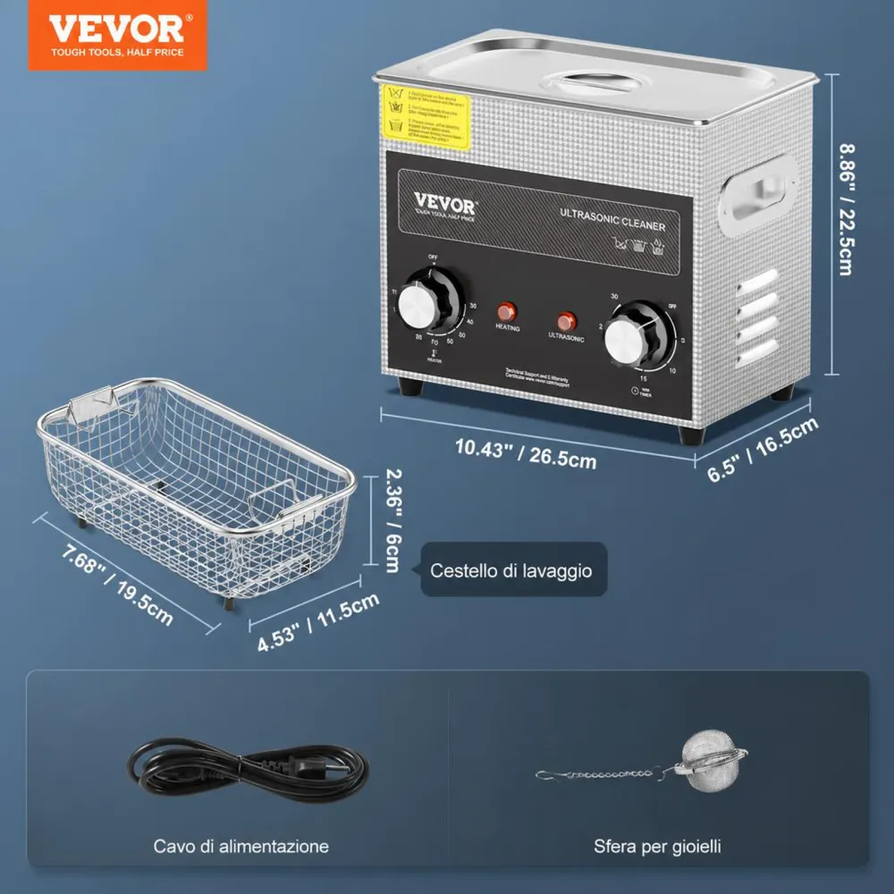 VEVOR Pulitore ad Ultrasuoni 3L con Timer Riscaldante Cestello, Macchina Digitale a Cavitazione Sonica, Pulitrice Ultrasuoni 120 W per Strumenti di Orologi, Occhiali, Monete, Utensili Metallici