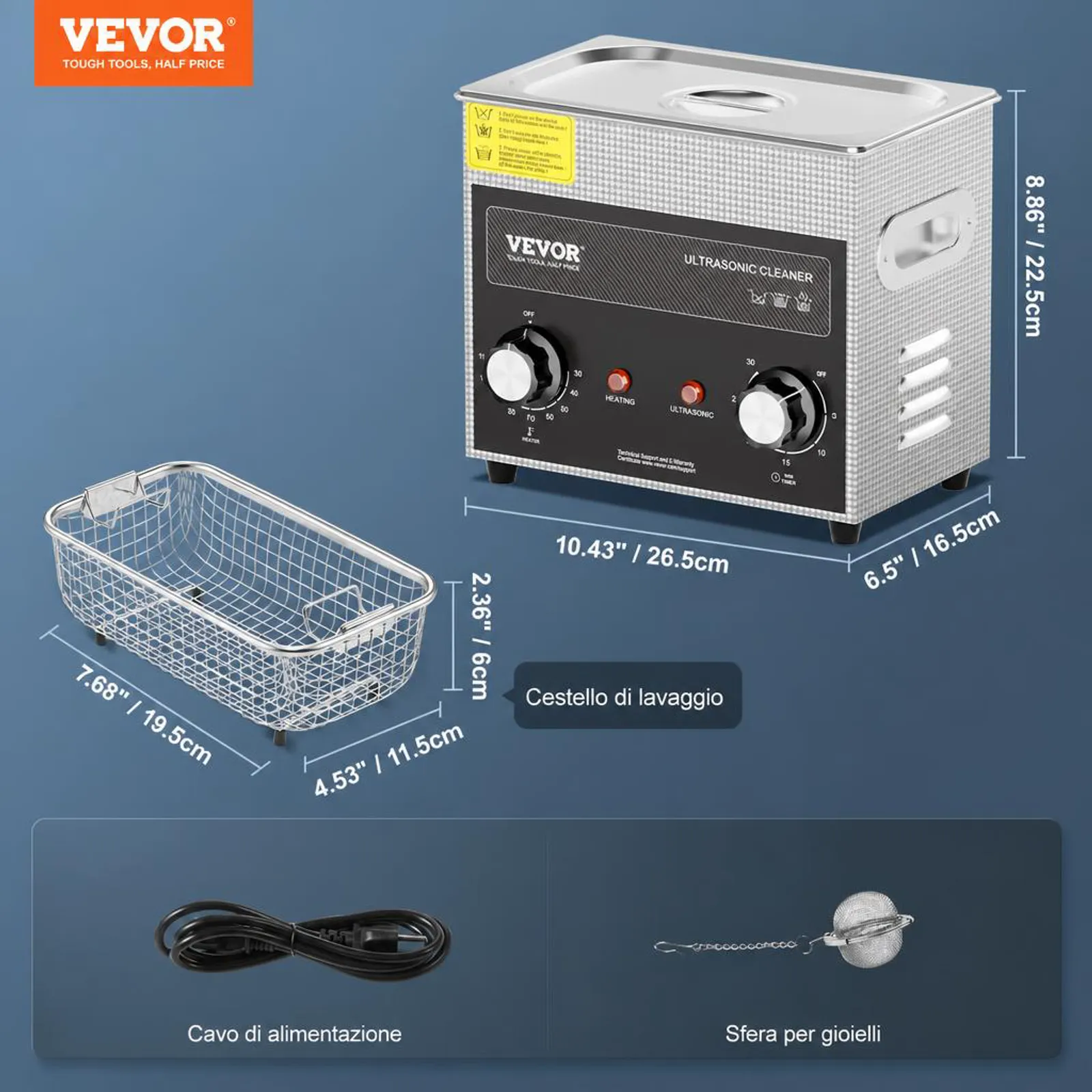 VEVOR Pulitore ad Ultrasuoni 3L con Timer Riscaldante Cestello, Macchina Digitale a Cavitazione Sonica, Pulitrice Ultrasuoni 120 W per Strumenti di Orologi, Occhiali, Monete, Utensili Metallici